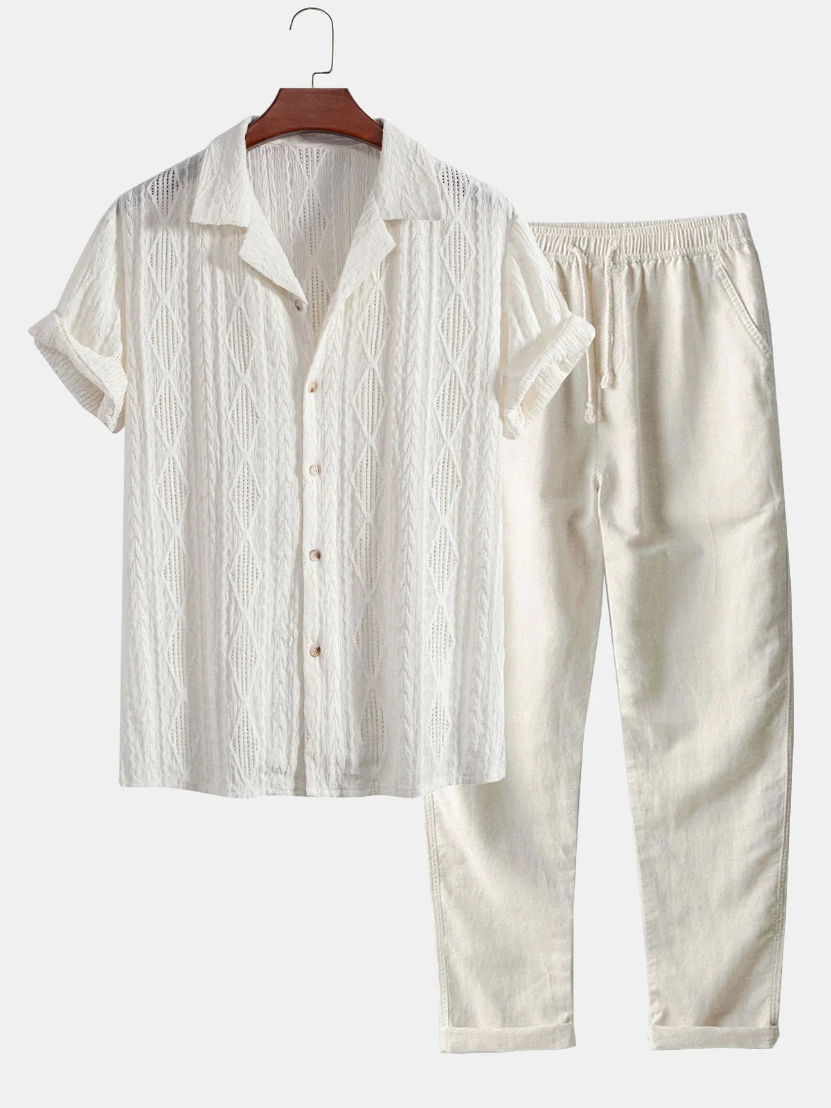 Cuban Collar Geometric Jacquard Shirt & Linen Pants